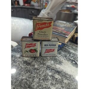 3 Vintage Metal Spice Tins  French's Chili Powder Red Pepper Paprika